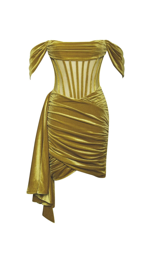 IRISA GOLD DRAPING OFF SHOULDER CORSET DRESS