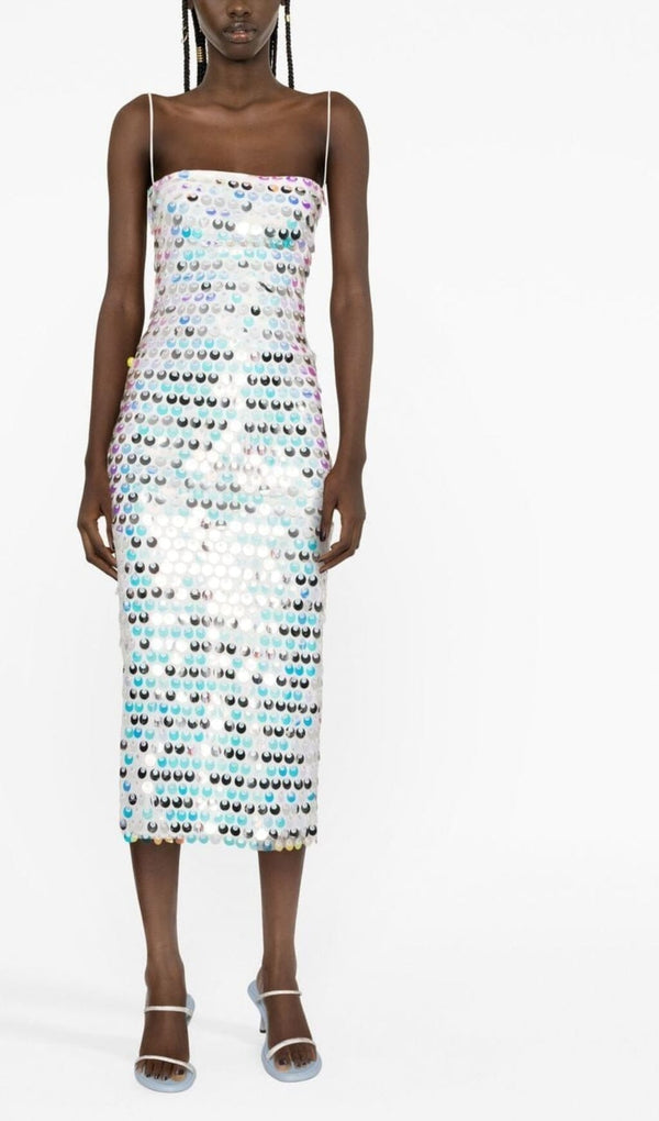SEQUIN-EMBELLISHED SLEEVELESS MIDI DRESS IN BLUE DRESS STYLE OF CB 