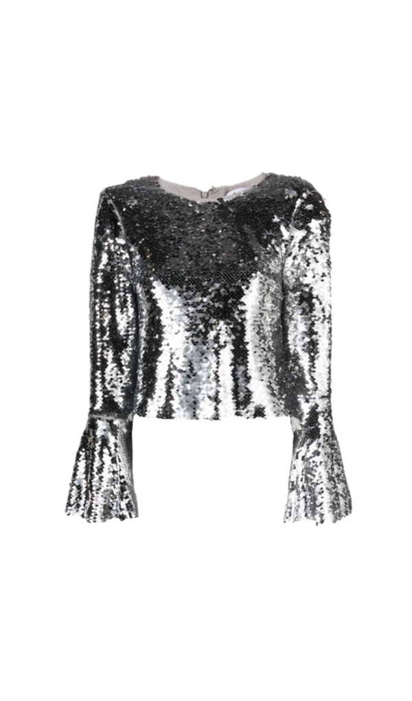 SILVER SEQUIN FLARED SLEEVE TOP