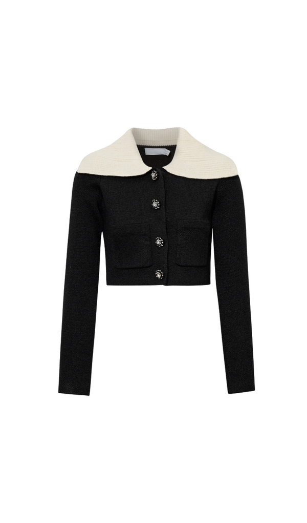 BLACK KNIT CARDIGAN WITH CONTRAST COLLAR