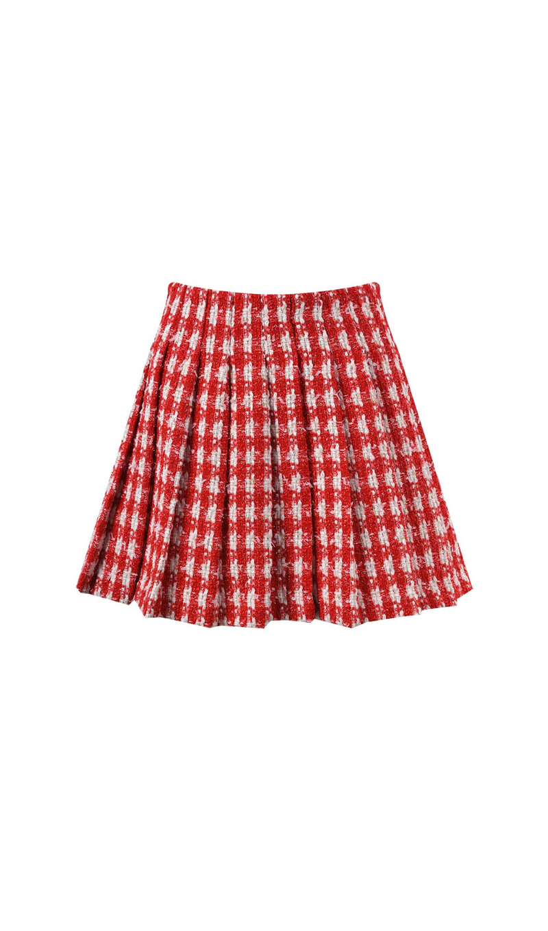 RED CHECK BOUCLE PLEATED MINI SKIRT