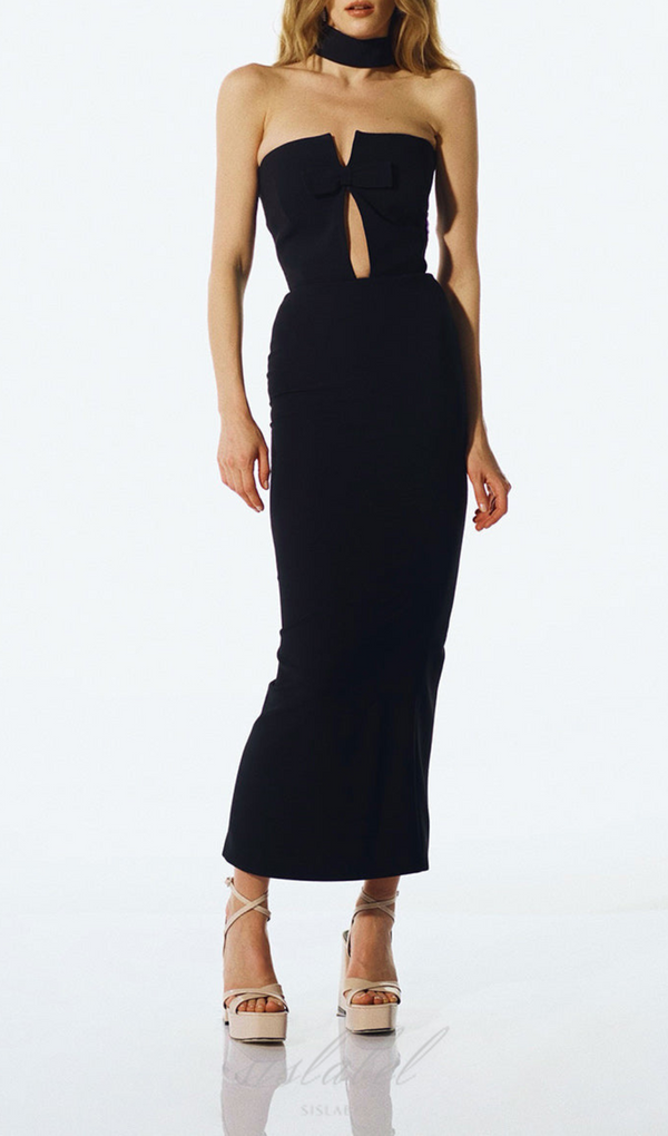 STRAPLESS HOLLOW OUT MAXI BANDAGE DRESS IN BLACK