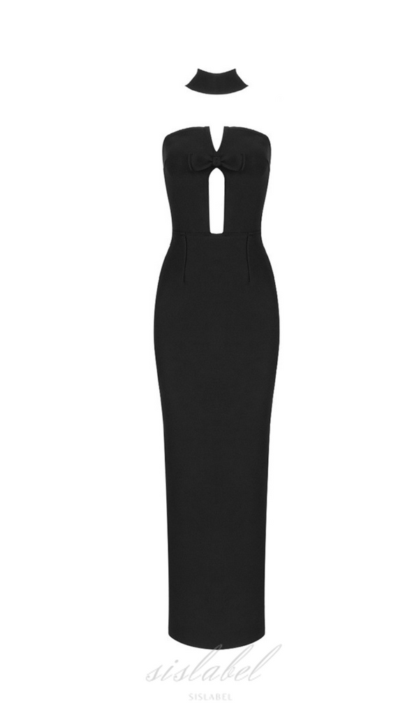 STRAPLESS HOLLOW OUT MAXI BANDAGE DRESS IN BLACK