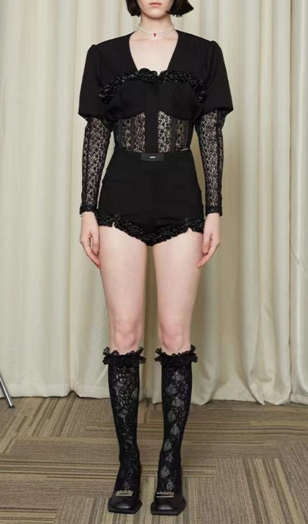 MESH CORSET TWO PIECES SUIT IN BLACK
