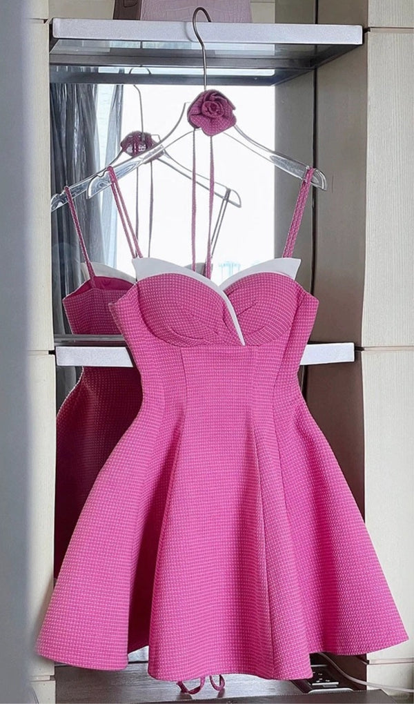 STRAP MINI DRESS WITH ROSE IN HOT PINK
