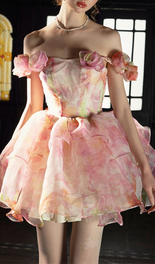 Pink Print Floral Silk Mini Strapless Mini Dress sis label 