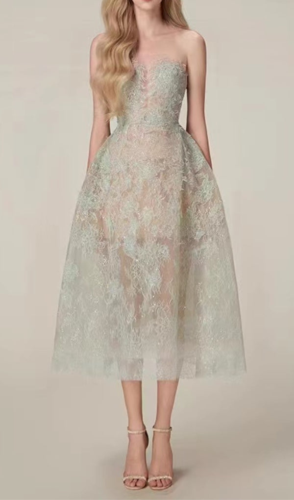GREEN FLORAL LACE EMBROIDER MIDI DRESS