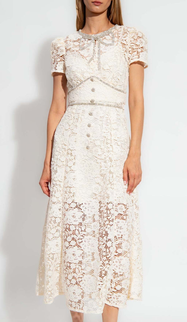 BOW-EMBELLISHED FLORAL-LACE MIDI DRESS IN BEIGE
