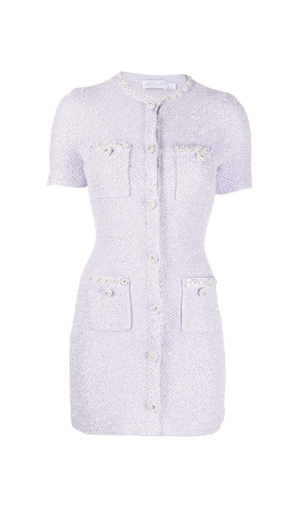 CRYSTAL-EMBELLISHED BUTTON MINI DRESS IN LILAC