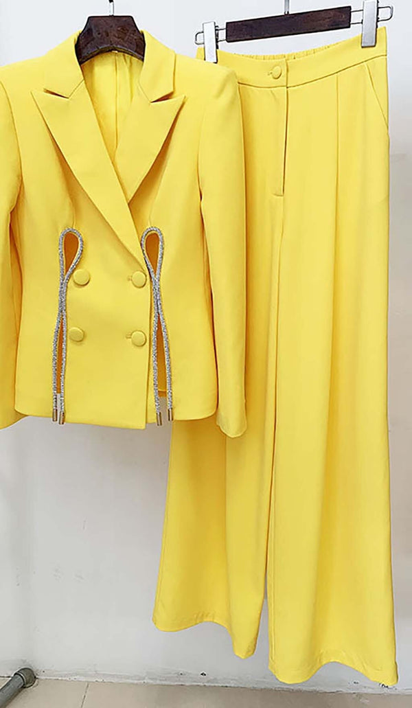 CRYSTAL TRIM CUTOUT JACKET SUIT IN YELLOW sis label 