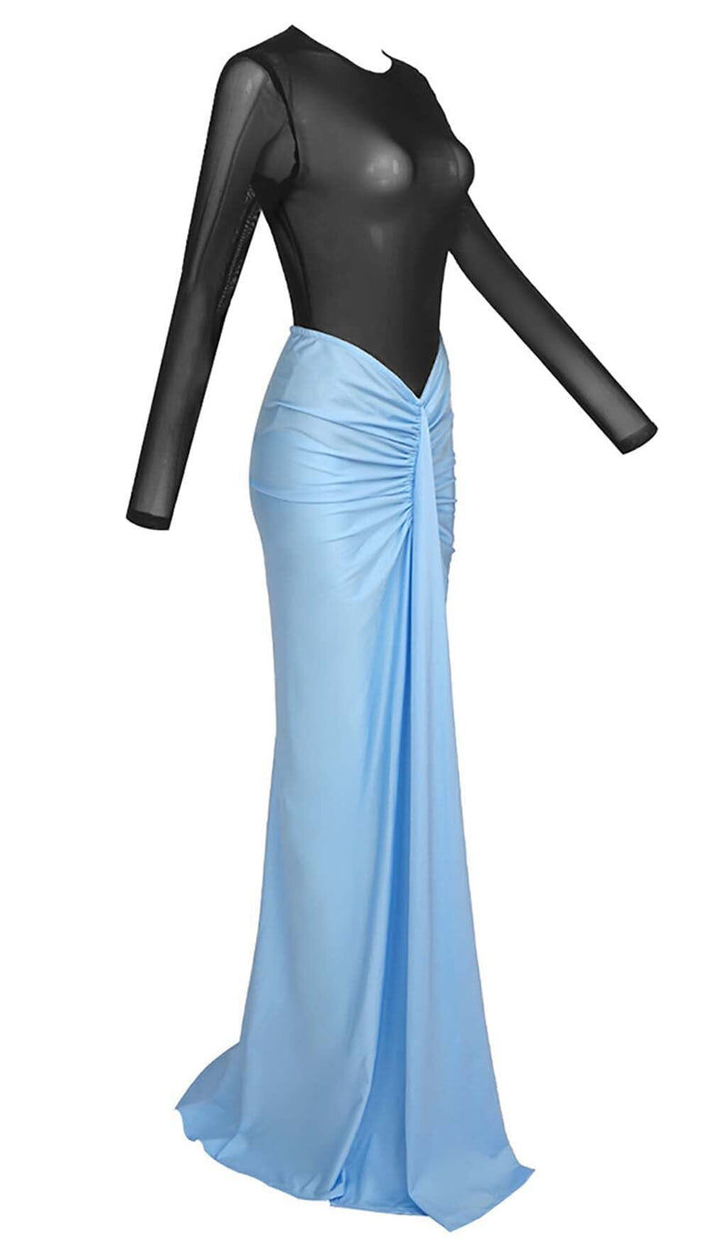 DROPPED WAIST RUCHED MAXI DRESS IN BLUE