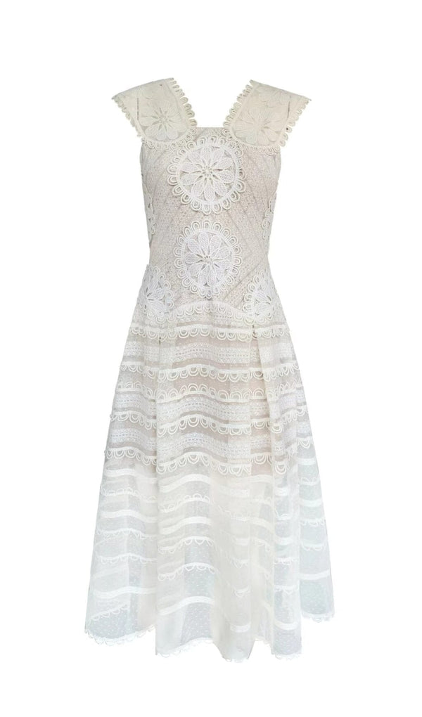 EMBROIDERY TIERED MIDI DRESS IN IVORY WHITE DRESS sis label 
