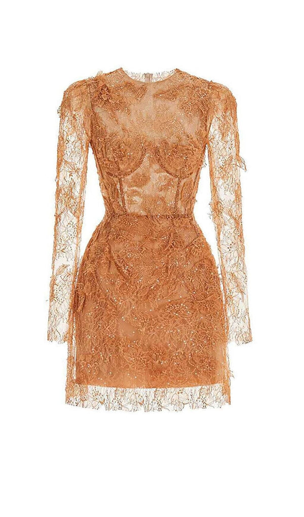 FLORAL AND RAMAGE EMBROIDERY MIDI DRESS IN BROWN