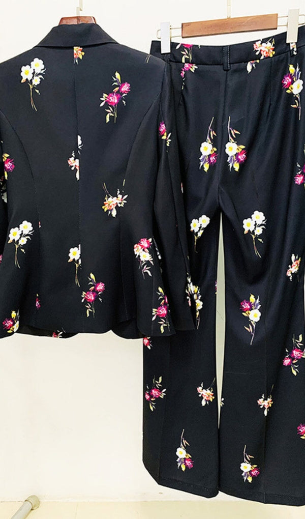 FLORAL PRINT FLARE JACKET SUIT IN BLACK DRESS STYLE OF CB 