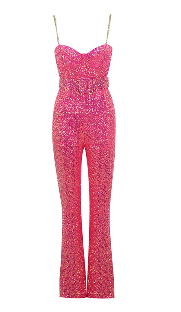 GLITTER FLARED TROUSER JUMPSUIT IN PINK DRESS sis label 