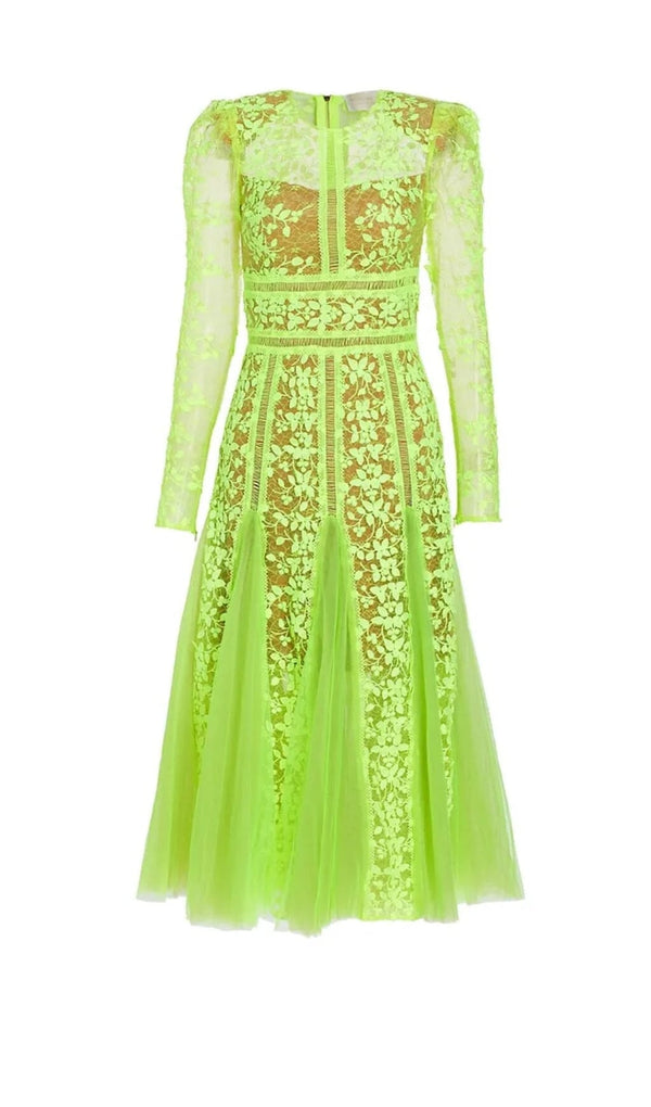 LACE PLATED MIDI DRESS IN GREEN