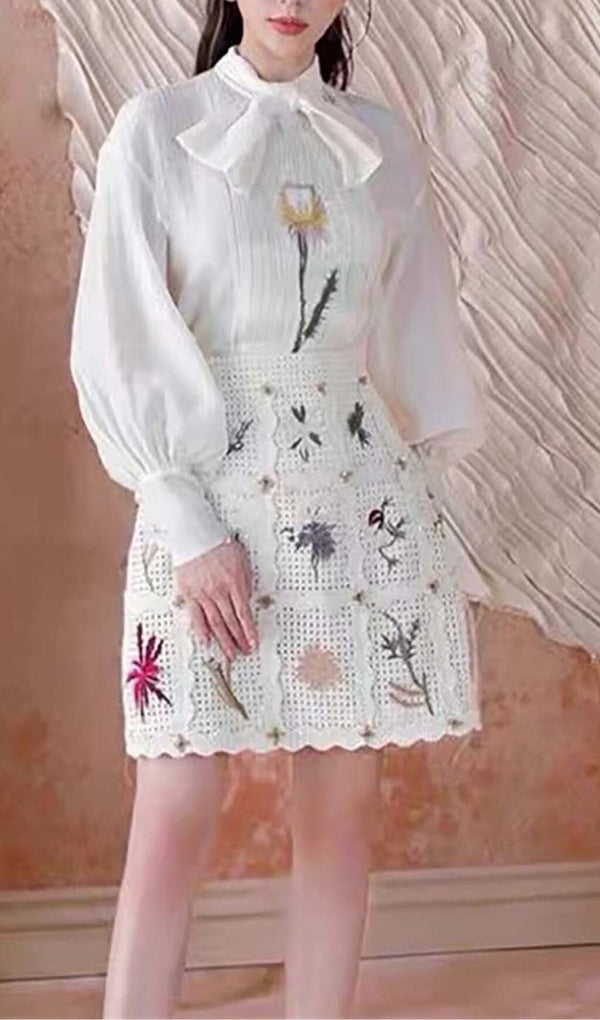 LANTERN SLEEVE EMBROIDERY TWO PIECE SET IN WHITE DRESS STYLE OF CB 