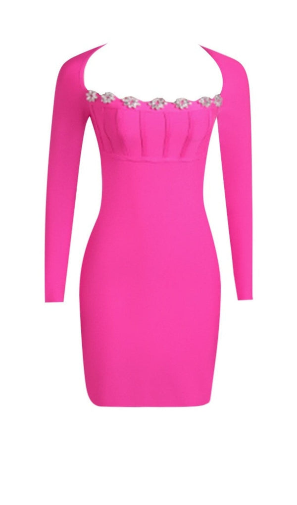 LONG SLEEVE SQUARE COLLAR MINI DRESS IN PINK