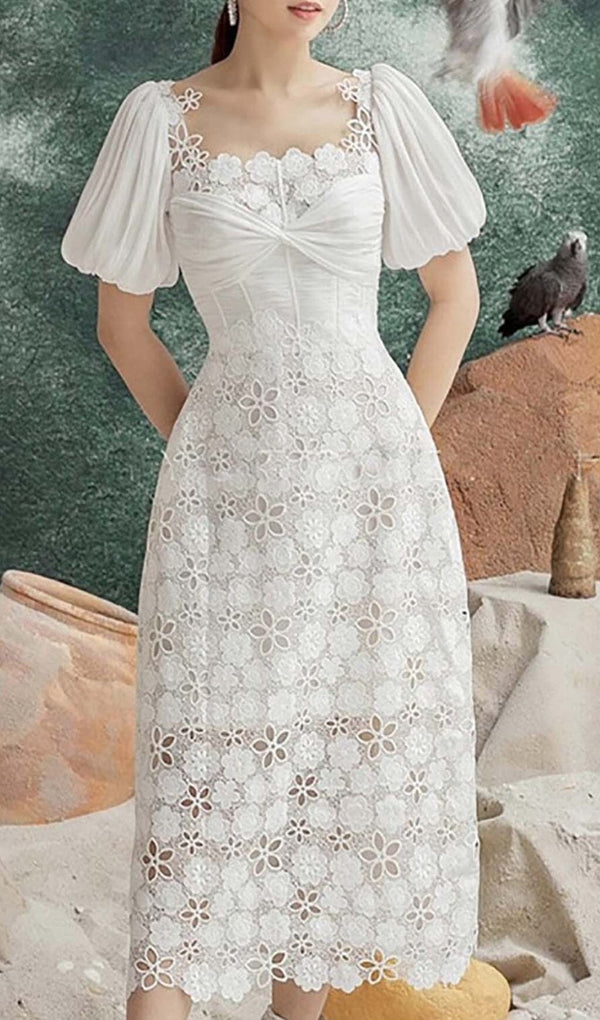 PUFF SLEEVE LACE MIDI DRESS IN WHITE
