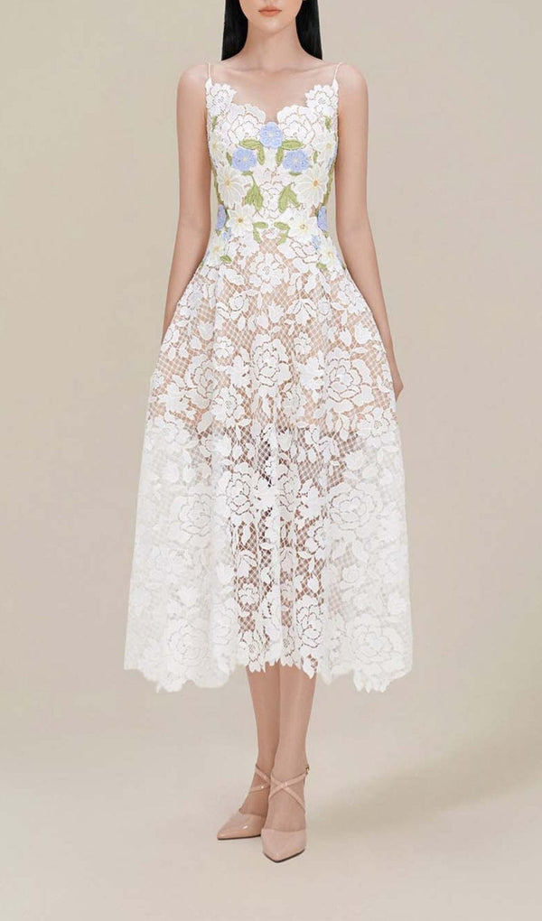 ROSES LACE A-LINE MIDI DRESS IN WHITE