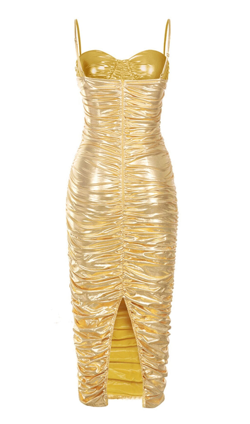 RUCHED STRAPPY MIDI DRESS IN GOLD