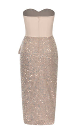 SEQUIN RUCHED SLIT MIDI DRESS IN GOLD