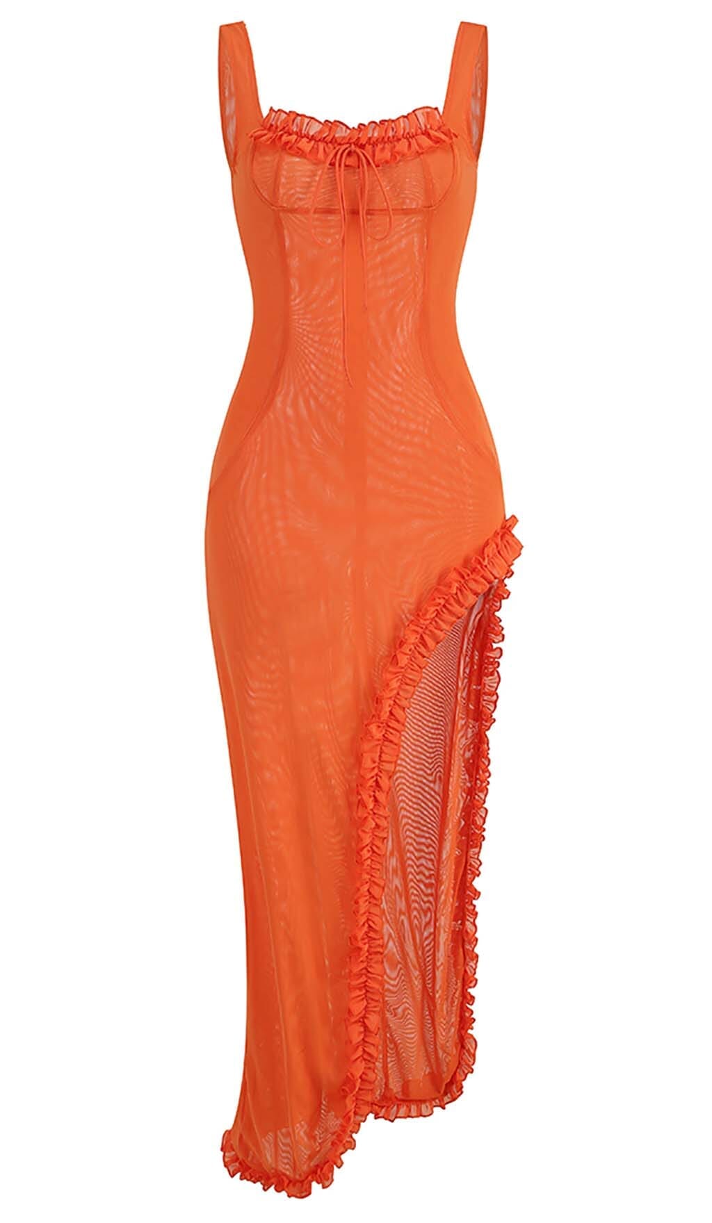 SHEER RUFFLED MAXI DRESS IN ORANGE-SIS LABEL NEW STYLE DRESS FREE ...