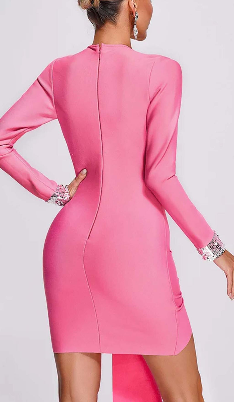 STRASS EMBELLISHED RUCHED MINI DRESS IN PINK