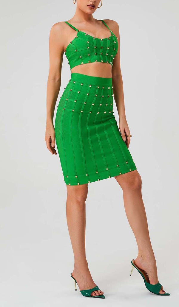 STUDDED STRAP SLEEVELESS TWO PIECE SET IN GREEN