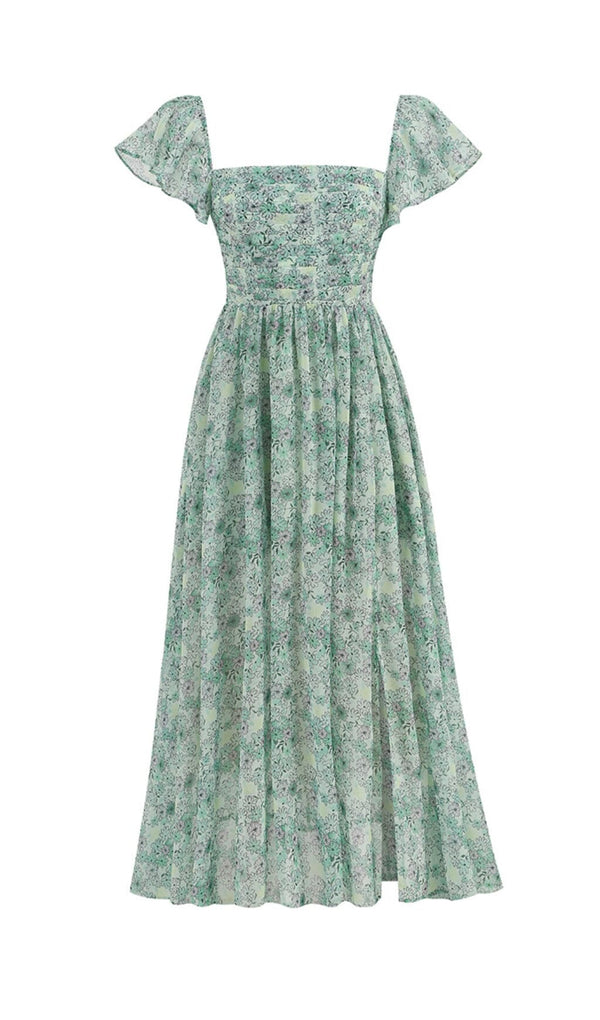 FLORAL COLD SLEEVE MIDI DRESS IN GREEN