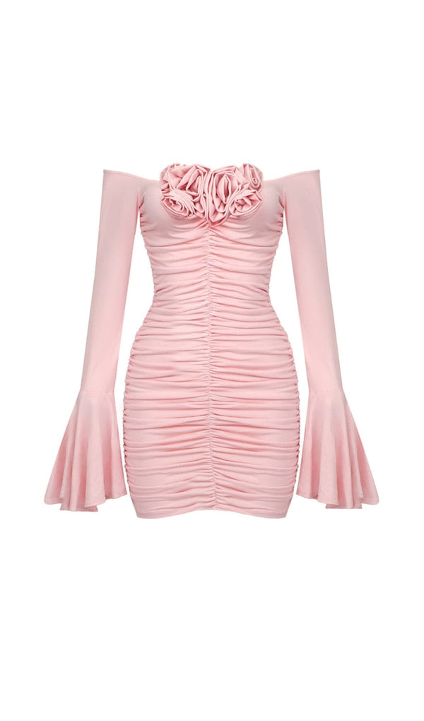 FLOWER-EMBELLISHED RUCHED MINI DRESS IN COTTON CANDY DRESS STYLE OF CB 