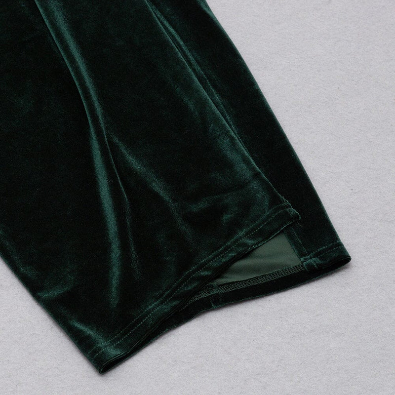 VELVET ONE-LINE SHOULDER HIGH SLIT DRESS IN DARK GREEN