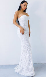 WHITE SEQUIN LACE STRAPLESS MAXI DRESS