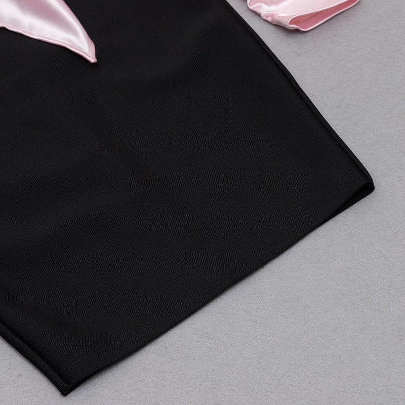SPLICING ONE LINE SHOULDER LARGE BOW DRESS IN BLACK AND PINK
