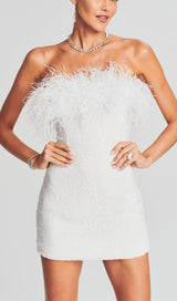 SEQUIN FEATHER STRAPLESS MINI DRESS IN WHITE
