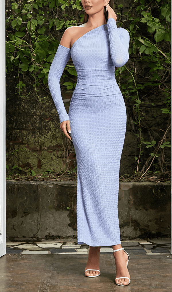 BLUE OFF-SHOULDER LONG-SLEEVED BODYCON MAXI DRESS sis label 