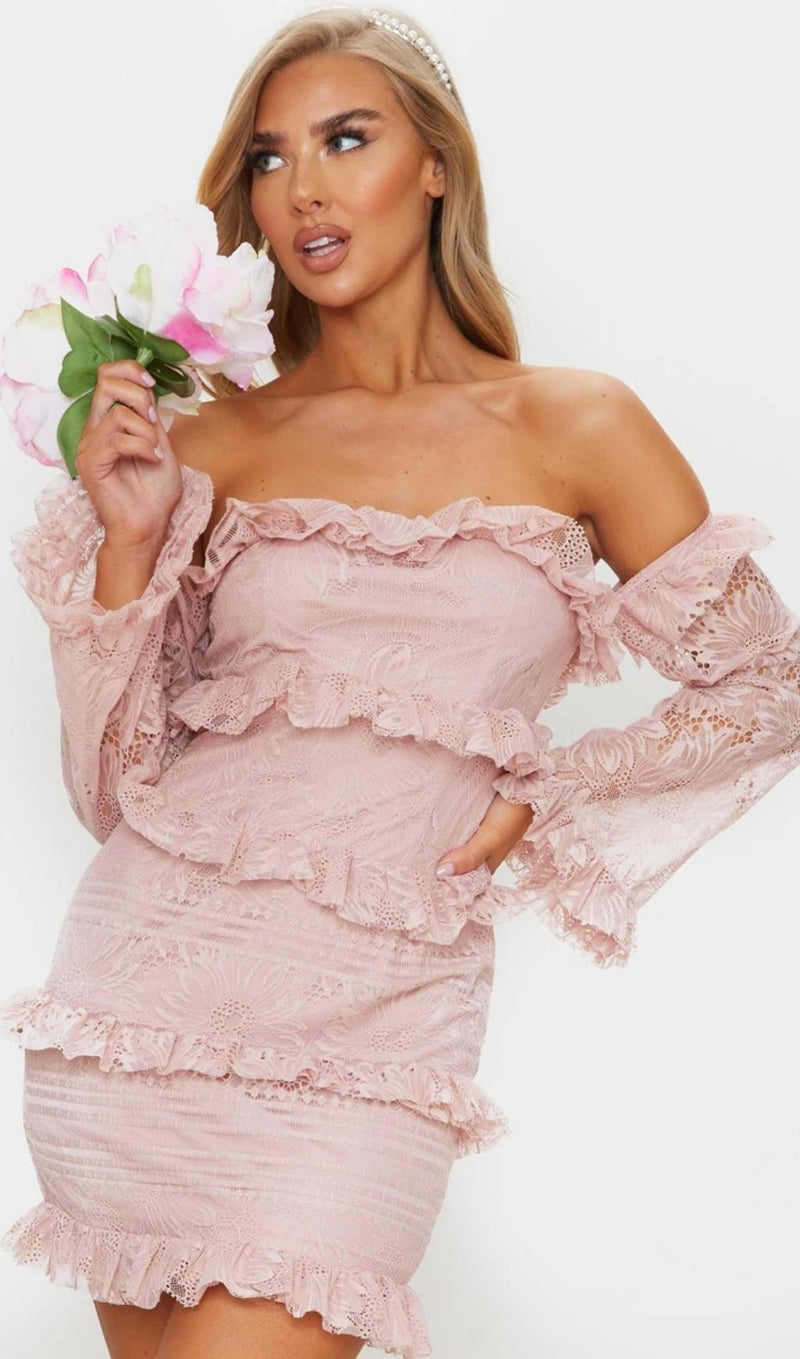 LACE TIERED FRILL DETAIL BARDOT BODYCON DRESS IN DUSTY PINK