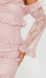 LACE TIERED FRILL DETAIL BARDOT BODYCON DRESS IN DUSTY PINK