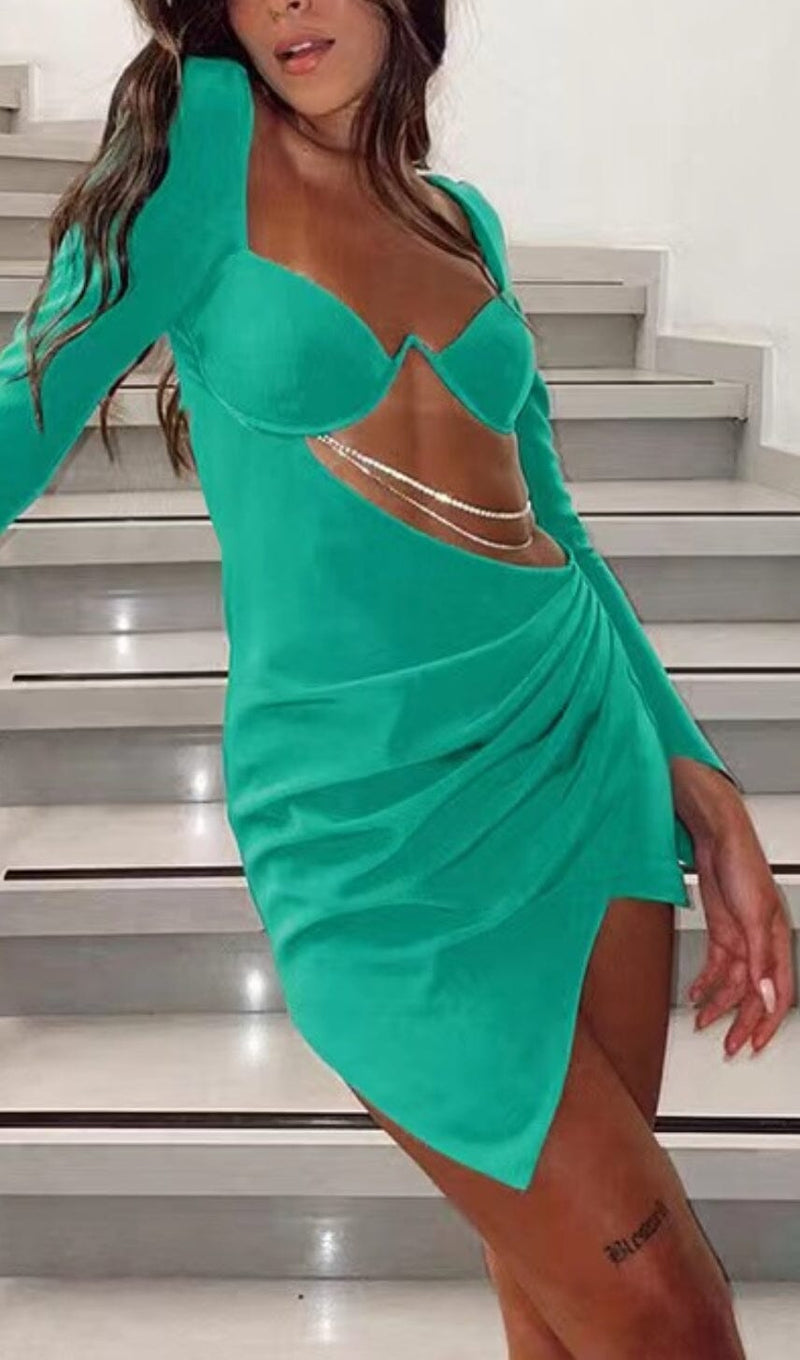 POLYESTERl SIDE HOLLEW SEXY CHAIN DRESS IN GREEN