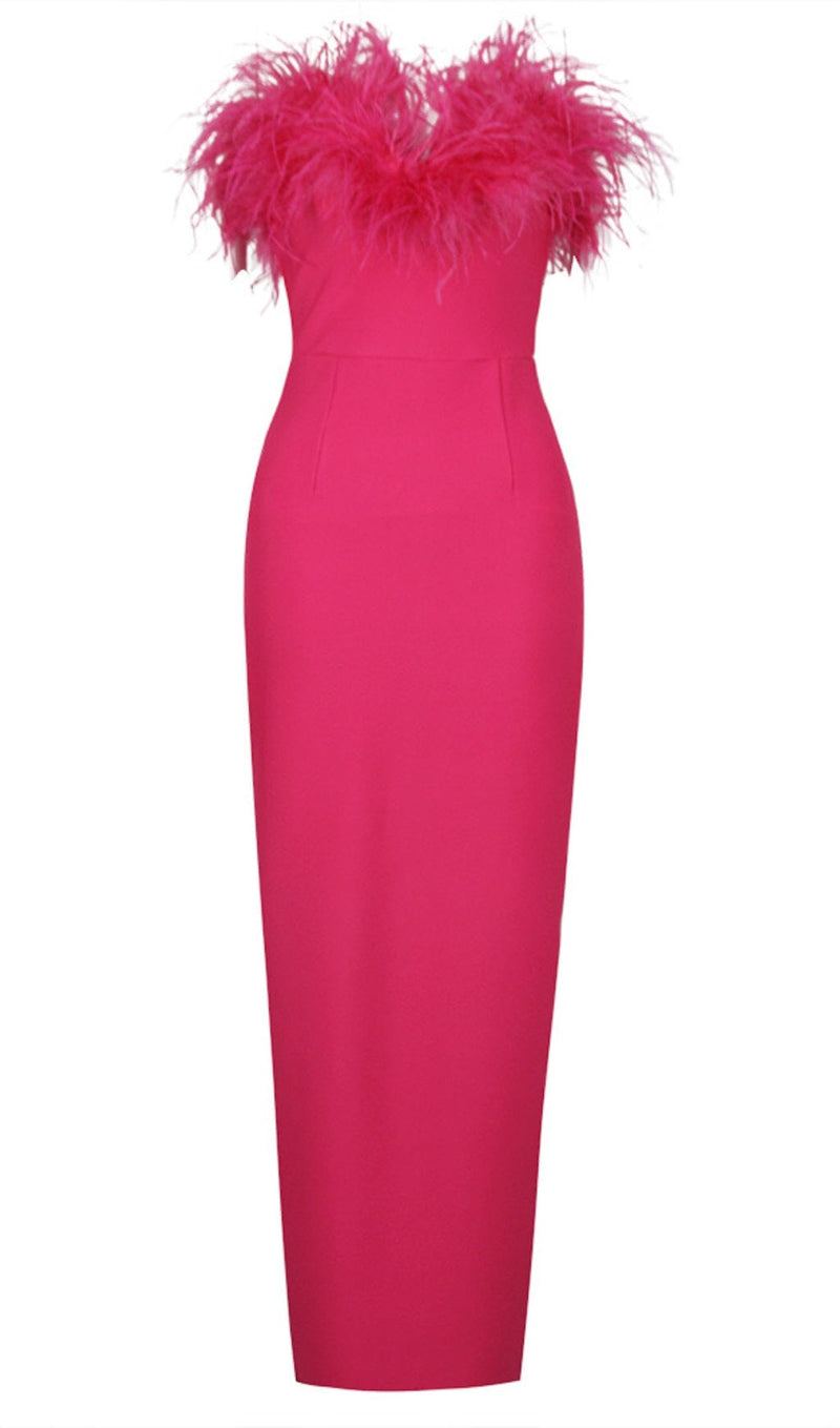 FEATHER BODYCON MAXI DRESS IN PINK