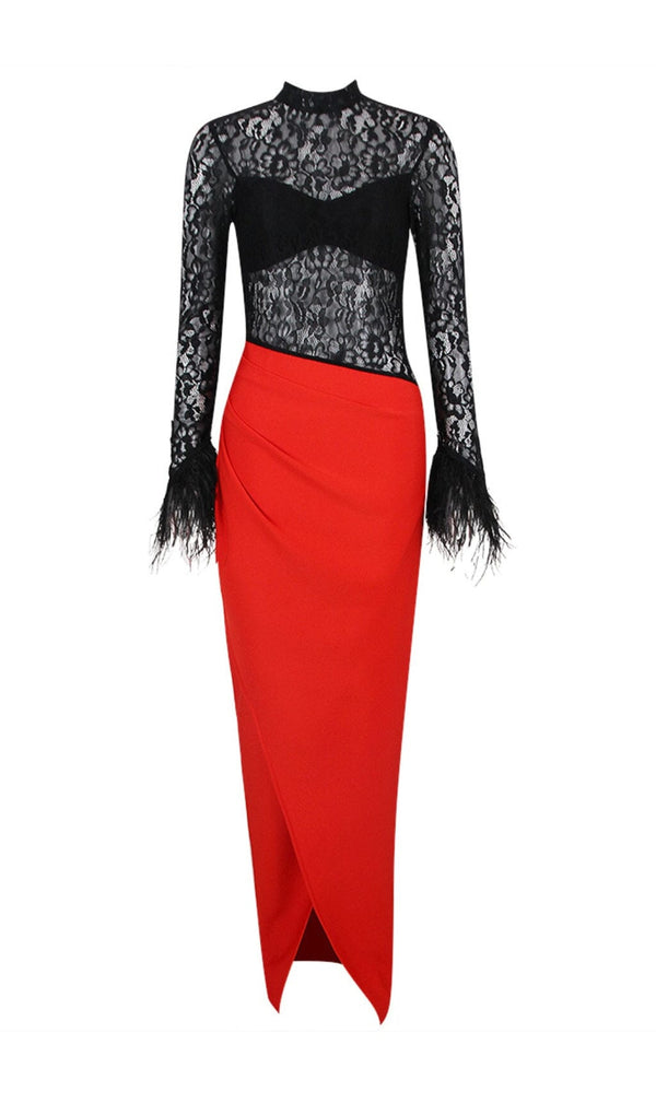SPLICED LACE FEATHER SLIT DRESS IN BLACK AND RED styleofcb 
