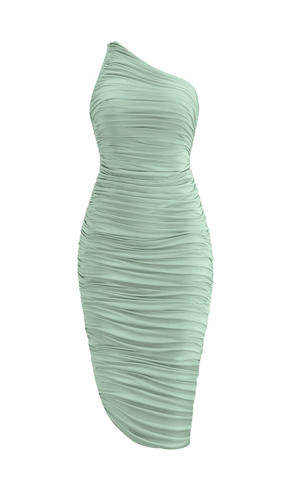 PLEATED SLEEVELESS ONE-SHOULDER DRESS IN GREEN styleofcb 