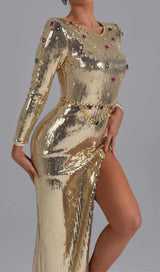 LONG SLEEVES SEQUIN MAXI DRESS IN GOLD