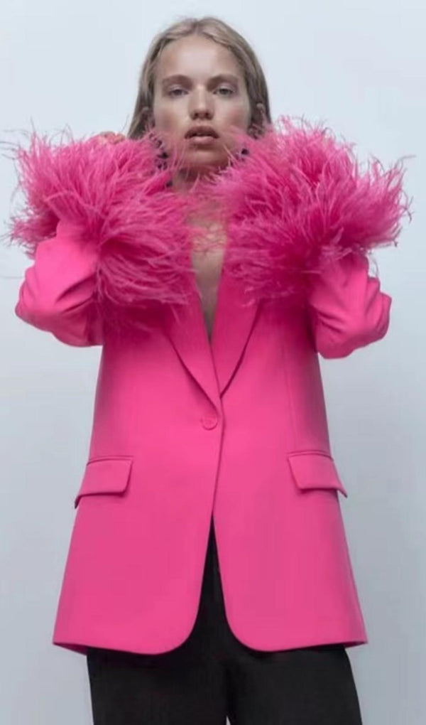 FEATHER JACKET SUIT IN HOT PINK