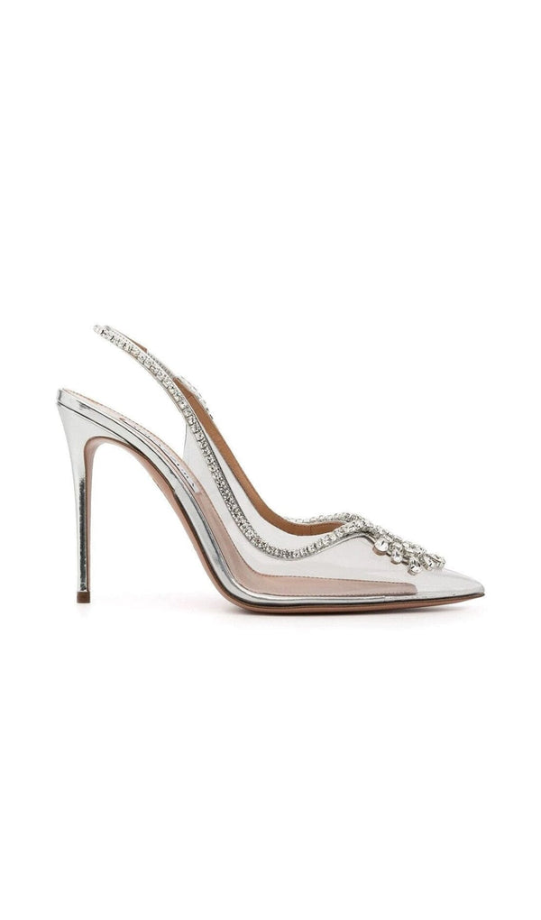 CRYSTAL CUTOUT EMBELLISHED PUMPS IN SILVER