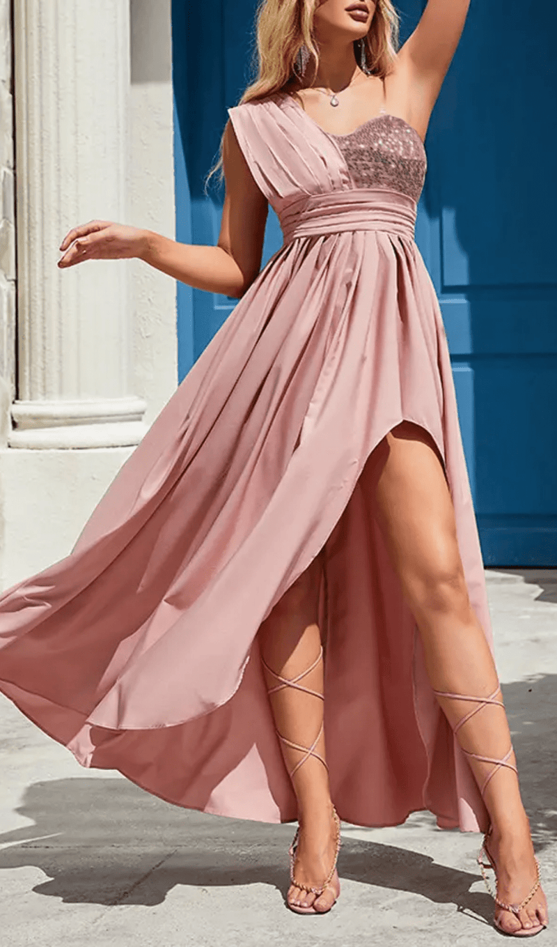 POLYESTER SEQUINS SLEEVELESS RUFFLE DRESS IN PINK