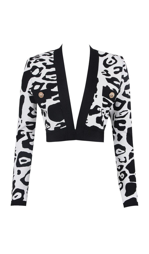Leopard Print Deep V Short Bandage Jacket In Black