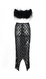 FEATHER SEQUIN TWO PIECE SET IN BLACK