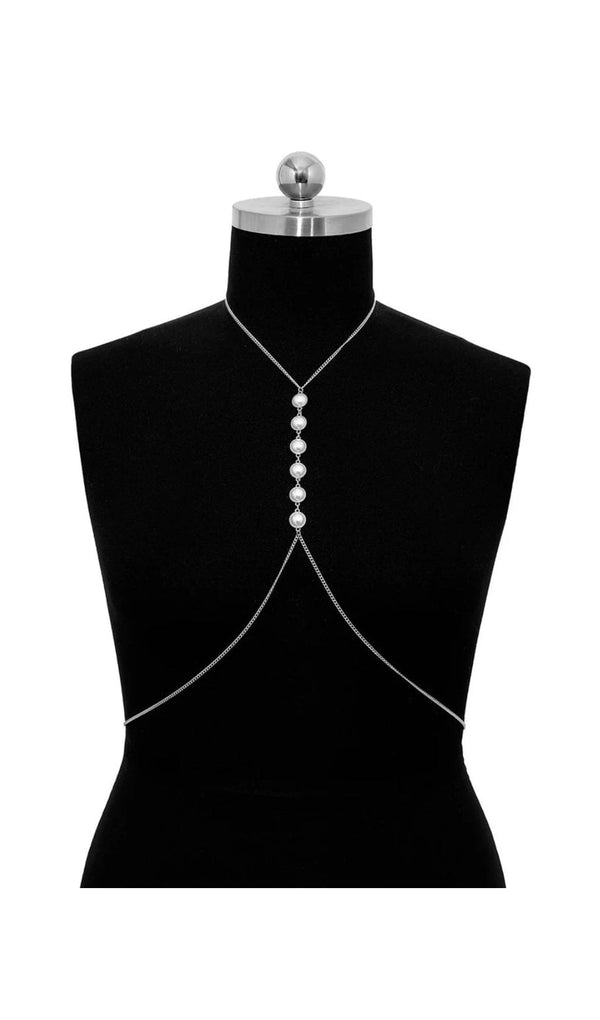 PEARL CROSSOVER CHEST BODY CHAIN IN SILVER blingmyfriend 