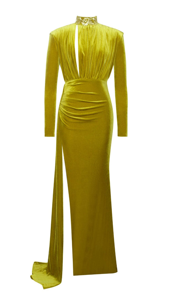 Zenaida Gold Cutout High Slit Velvet Gown